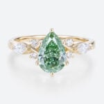 1ct Lab Green Diamond​ Ring Pear Cut Modern 6-Prong Engagement Rings in Yellow Gold