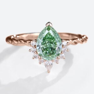 1ct Pear Shaped Lab Green Diamond Ring Twisted 3-Prong Engagement Ring in Rose Gold