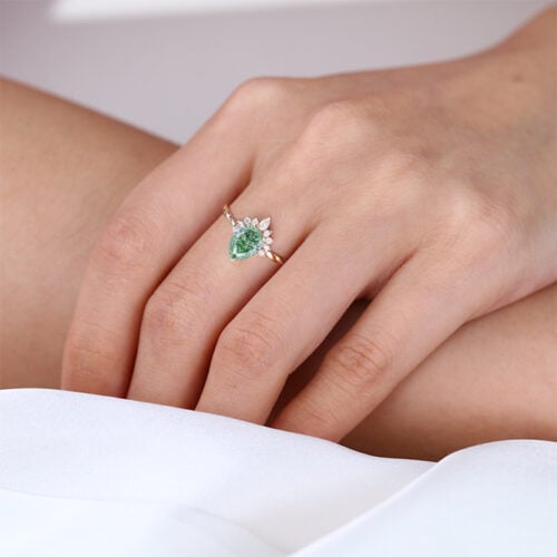 1ct Pear Shaped Lab Green Diamond Ring Twisted 3-Prong Engagement Ring in Rose Gold