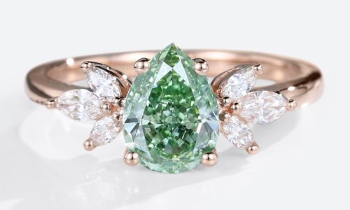 1ct Lab Green Diamond Ring Pear Shaped Cluster 4-Prong Promise Ring in Rose Gold