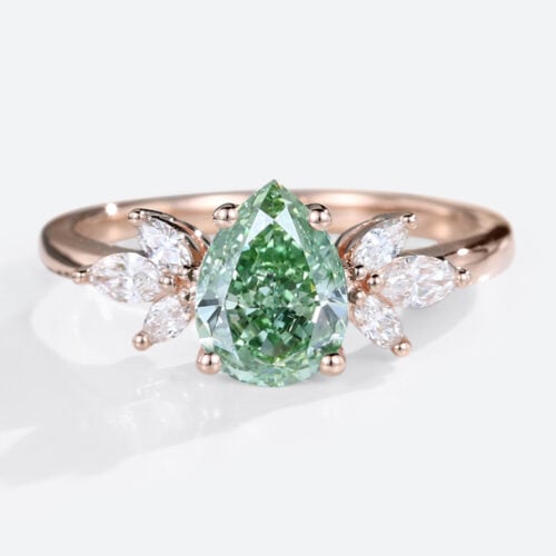 1ct Lab Green Diamond Ring Pear Shaped Cluster 4-Prong Promise Ring in Rose Gold
