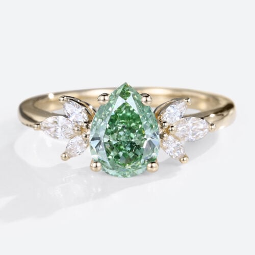 1ct Lab Green Diamond Ring Pear Shaped Cluster 4-Prong Promise Ring in Yellow Gold