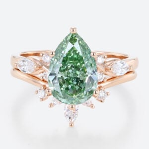 2ct Lab Green Diamond Ring Set Pear Cut Fancy GreenDiamond 6-Prong Bridal Ring Set in Rose Gold