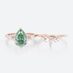 2ct Lab Green Diamond Ring Set Pear Cut Fancy GreenDiamond 6-Prong Bridal Ring Set in Rose Gold