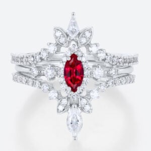 3PCS Marquise Cut 0.25ct Lab Ruby Ring with Double Pave Band in White Gold