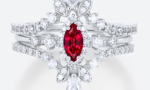 3PCS Marquise Cut 0.25ct Lab Ruby Ring with Double Pave Band in White Gold