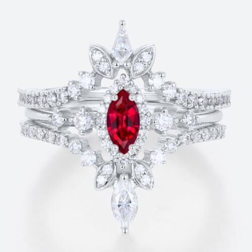 3PCS Marquise Cut 0.25ct Lab Ruby Ring with Double Pave Band in White Gold