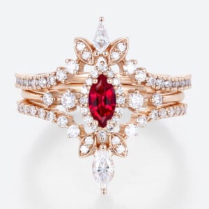 3PCS Marquise Cut 0.25ct Lab Ruby Ring with Double Pave Band in Rose Gold