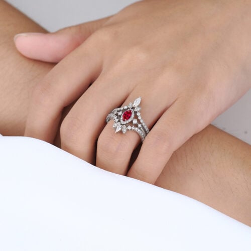 3PCS Marquise Cut 0.25ct Lab Ruby Ring with Double Pave Band in White Gold