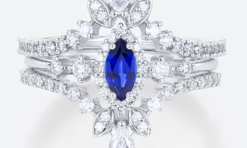 3PCS Marquise Cut Lab Sapphire Ring Set with Double Pave Band in white Gold