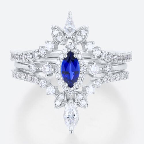 3PCS Marquise Cut Lab Sapphire Ring Set with Double Pave Band in white Gold