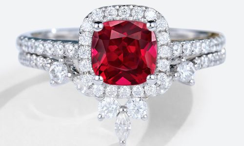 1ct Cushion Cut Halo Lab Ruby Ring Set with Curved Matching Band in White Gold