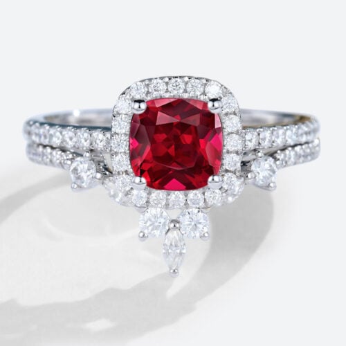1ct Cushion Cut Halo Lab Ruby Ring Set with Curved Matching Band in White Gold