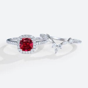 1ct Cushion Cut Halo Lab Ruby Ring Set with Curved Matching Band in White Gold