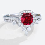 1ct Cushion Cut Halo Lab Ruby Ring Set with Curved Matching Band in White Gold