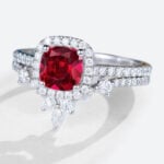 1ct Cushion Cut Halo Lab Ruby Ring Set with Curved Matching Band in White Gold