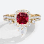 1ct Cushion Cut Halo Lab Ruby Ring Set with Curved Matching Band in Yellow Gold