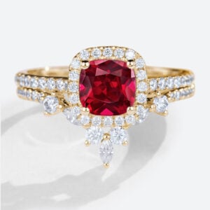 1ct Cushion Cut Halo Lab Ruby Ring Set with Curved Matching Band in Yellow Gold