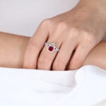 1ct Cushion Cut Halo Lab Ruby Ring Set with Curved Matching Band in White Gold