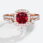 1ct Cushion Cut Halo Lab Ruby Ring Set with Curved Matching Band in Rose Gold