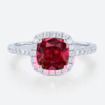 White Gold Cushion Cut Lab Grown Ruby​ Ring 1ct Classic Halo Bridal Ring
