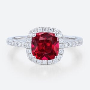 White Gold Cushion Cut Lab Grown Ruby​ Ring 1ct Classic Halo Bridal Ring