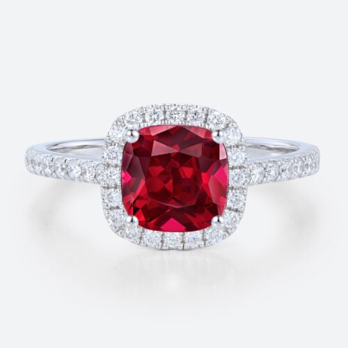 White Gold Cushion Cut Lab Grown Ruby​ Ring 1ct Classic Halo Bridal Ring