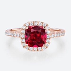Rose Gold Cushion Cut Lab Grown Ruby​ Ring 1ct Classic Halo Bridal Ring