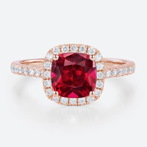 Rose Gold Cushion Cut Lab Grown Ruby​ Ring 1ct Classic Halo Bridal Ring