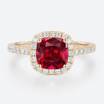 Yellow Gold Cushion Cut Lab Grown Ruby​ Ring 1ct Classic Halo Bridal Ring