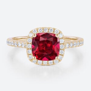 Yellow Gold Cushion Cut Lab Grown Ruby​ Ring 1ct Classic Halo Bridal Ring