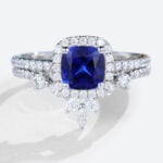 Cushion Cut Lab Sapphire Rings Set with Curved Matching Band in White Gold