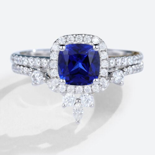 Cushion Cut Lab Sapphire Rings Set with Curved Matching Band in White Gold