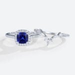 Cushion Cut Lab Sapphire Rings Set with Curved Matching Band in White Gold