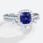 Cushion Cut Lab Sapphire Rings Set with Curved Matching Band in White Gold
