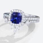 Cushion Cut Lab Sapphire Rings Set with Curved Matching Band in White Gold
