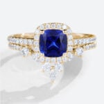 Cushion Cut Lab Sapphire Rings Set with Curved Matching Band in Yellow Gold