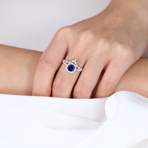 Cushion Cut Lab Sapphire Rings Set with Curved Matching Band in White Gold