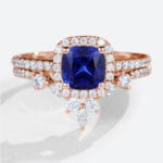 Cushion Cut Lab Sapphire Rings Set with Curved Matching Band in Rose Gold