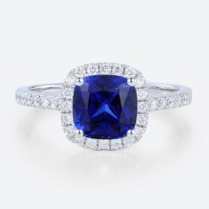 White Gold Cushion Cut Lab Grown Sapphire Ring 1CT Modern Halo Bridal Ring