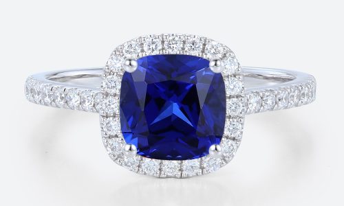 White Gold Cushion Cut Lab Grown Sapphire Ring 1CT Modern Halo Bridal Ring