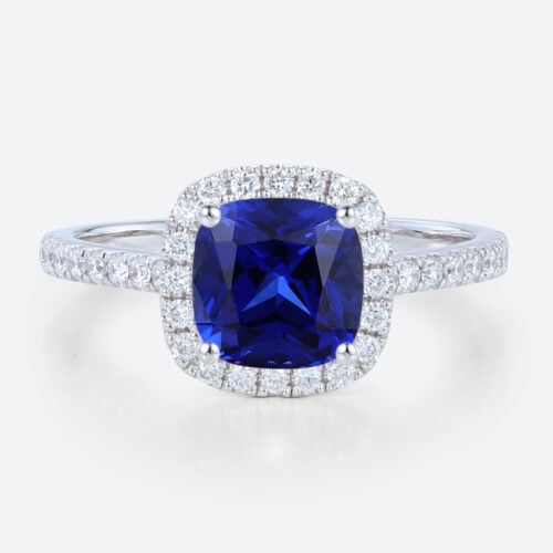 White Gold Cushion Cut Lab Grown Sapphire Ring 1CT Modern Halo Bridal Ring