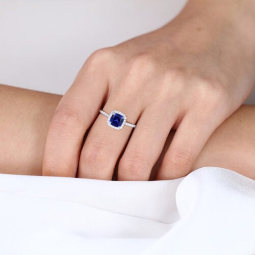 White Gold Cushion Cut Lab Grown Sapphire Ring 1CT Modern Halo Bridal Ring