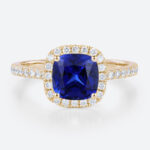 Yellow Gold Cushion Cut Lab Grown Sapphire Ring 1CT Modern Halo Bridal Ring