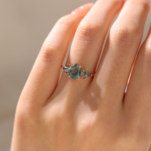 Rose Gold Pear Shaped Moss Agate Ring Petal Side Stones Engagement Rings