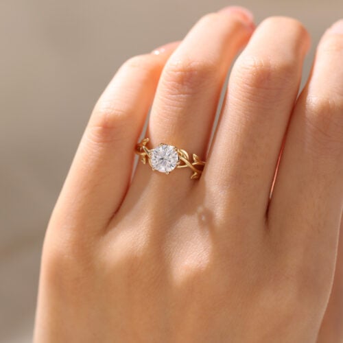 Round Solitaire Ring Moissanite Engagement Ring​ Nature Inspired Ring