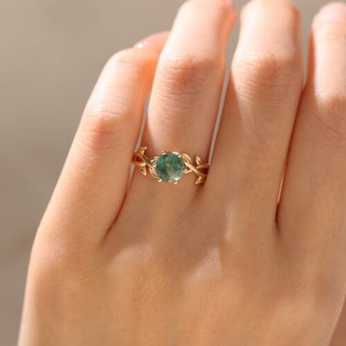 14K Yellow Gold Moss Agate Ring Solitaire Vintage Leaf Art Engagement Ring