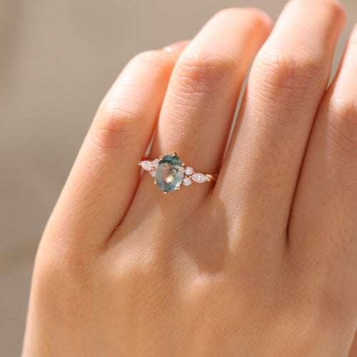 Rose Gold Oval Cut Moss Agate Engagement Ring Unique Twisted Band Engagement Ring