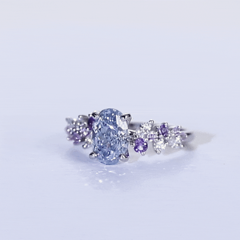 1ct Blue Diamond Ring​ Oval Fancy Blue Floral Cluster 4-Prong Engagement Ring in White Gold
