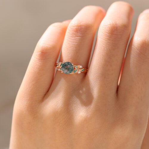 Round Cut Moss Agate Cluster Engagement Ring Intricate Leaf Bridal Ring